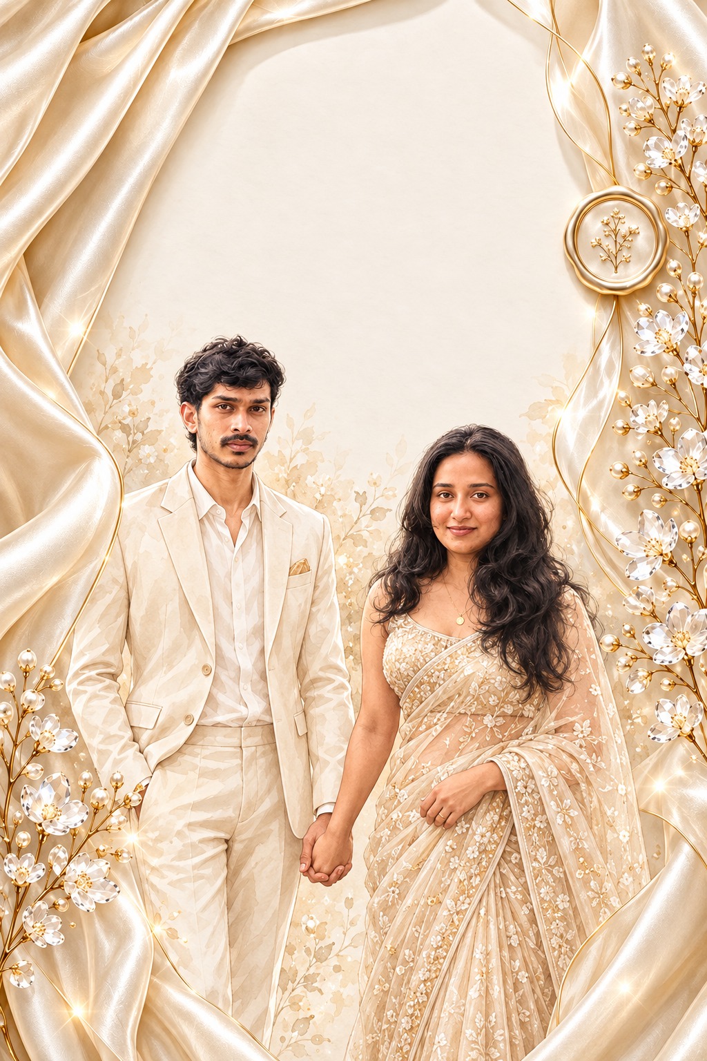 Our couple portrait surrounded by ivory silk and gold flowers